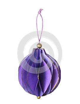 Handmade purple Christmas ball isolated on white background. DIY decoration