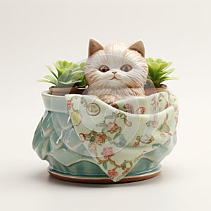 Handmade Quilt Design Cat Planter - Green Pot With Cloth