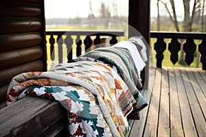 handmade quilts draped over a wooden railing