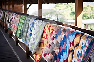 handmade quilts draped over a wooden railing