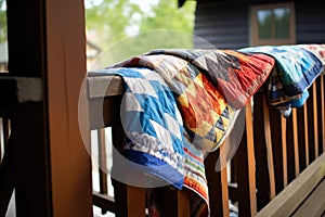 handmade quilts draped over a wooden railing