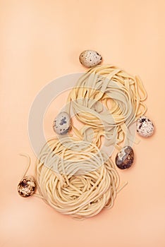 Handmade Raw Noodles and Eggs on Yellow Background Horizontal Top View Vertcal Pasta