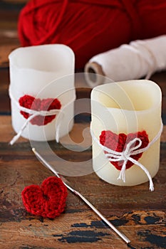 Handmade red crochet heart for candle for Saint Valentine's day