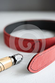 Handmade Red Leather Belt sewing with awl