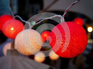 Handmade Red and White Cotton Ball String Lights