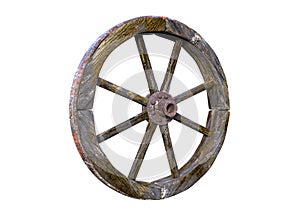 Handmade rustic vintage wooden wheel used in medieval wagons and carriages, isolated white background