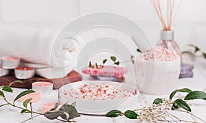 Handmade Salt Peach Scrub With Argan Oil. Himalayan Salt. Toiletries, Spa Set with candles and white towel