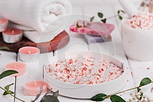 Handmade Salt Peach Scrub With Argan Oil. Himalayan Salt. Toiletries, Spa Set with candles and white towel