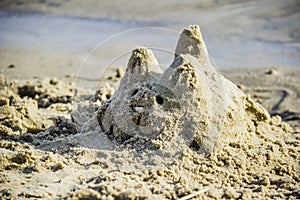 A handmade sand sculpture of a cat on the river beach