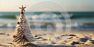 Handmade Sandy Christmas Tree with Star Topper and Red Ornaments on Tropical Beach with Ocean Background during Daytime