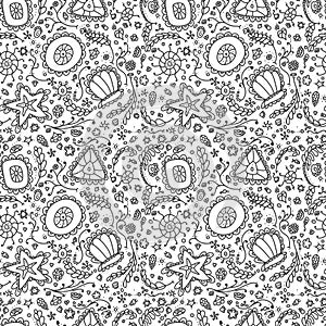 Handmade seamless pattern or background with abstract protozoa or abstract plankton in black white for coloring page