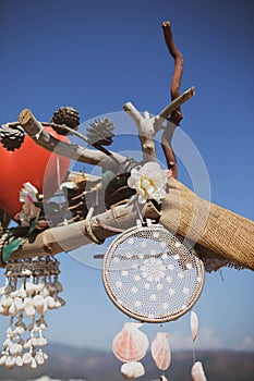 Handmade shell dream catcher. Wedding arch for the registration of the newlyweds.