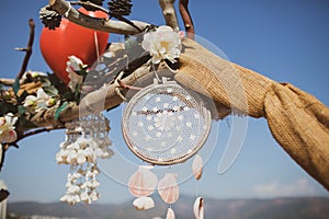 Handmade shell dream catcher. Wedding arch for the registration of the newlyweds.