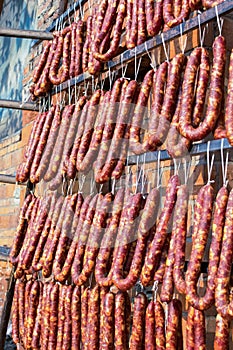 Handmade Sichuan sausage is drying.