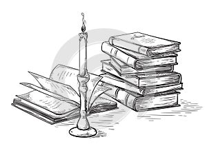 Handmade sketch death concept old books near candle vector