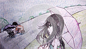 Handmade sketch of a girl watching a kid protecting a puppy in the rain