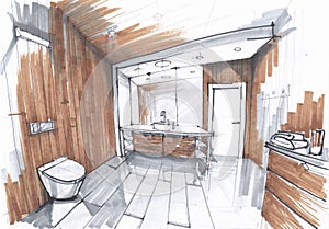 Handmade sketch of a Luxury modern bathroom, sink with mirror, watercloset in tiled bathroom in grey and brown colors photo