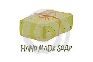 Handmade soap bar olive color and Handmade soap inscription for advertising, store, sale. Natural soap with with dry
