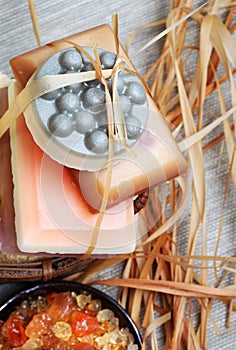Handmade soap bars in the basket.