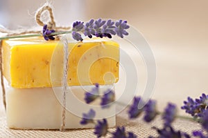 Handmade soap bars with lavender flowers