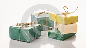 Handmade soap bars on white background