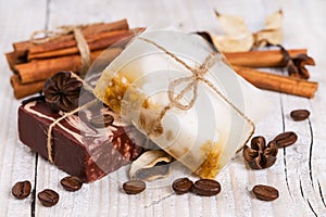 Handmade soap with cinnamon and coffee.