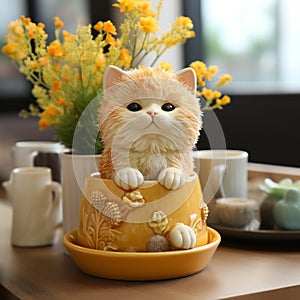 Handmade Soap Dish: Cute Cat Sitting In Yellow Pot With Flowers