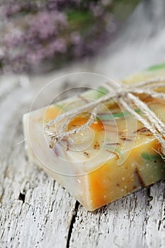 Handmade soap and dry lavender