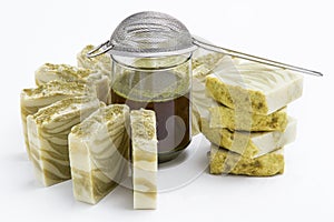 Handmade soap with green tea aroma shaped like cake