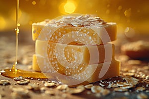 Handmade soap with honey and oatmeal on the table