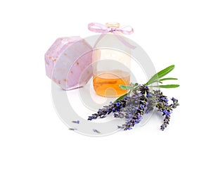 Handmade soap with lavender and lavender oil isolated on white