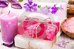 Handmade soap, salt shower and flower.