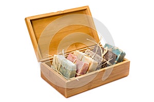 Handmade soaps in wooden box
