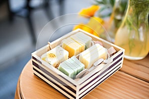 handmade soaps in a wooden box, zero waste concept