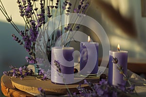 Handmade soy candle collection, spotlighting charming lavender scent. Discover its soothing aroma, eco-friendly photo