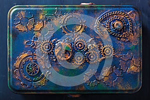 Handmade steampunk box with mechanical cogs wheels clockwork