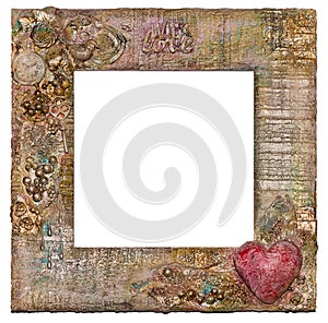 Handmade steampunk isolated photo frame with the red heart on the white background