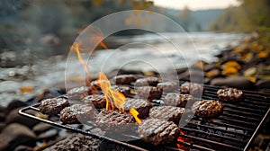 Handmade stone grill by the riverbank with delicious burgers sizzling on the grid