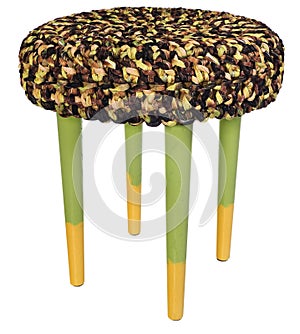 Handmade stool yellow and green. Round seat with brownish yellow