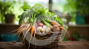 Handmade straw basket with assorted root vegetables