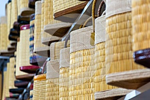 Handmade straw baskets in souvenirs shop in Nabeul old market.