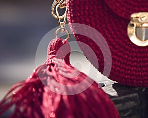 Handmade red textile knitted bag with bunch photo