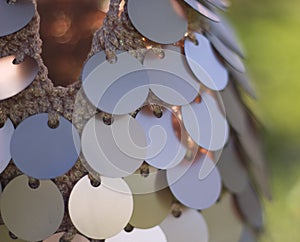 Handmade textile knitted bag with shiny sequins and reflections