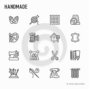 Handmade thin line icons set: sewing machine, knitting, needlewo