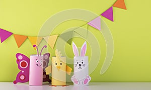 Handmade toilet paper roll toys for children, bunnies butterflies birds. needlework is a craft made of paper