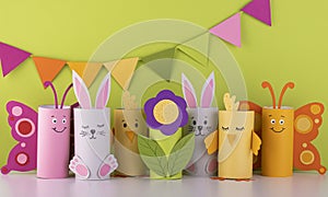 Handmade toilet paper roll toys for children, bunnies butterflies birds. needlework is a craft made of paper