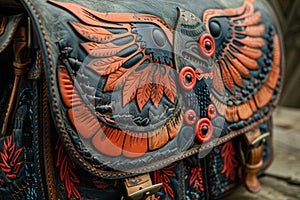Handmade Tooled Leather Bag with Red and Blue Accents, Stylish Phoenix Design