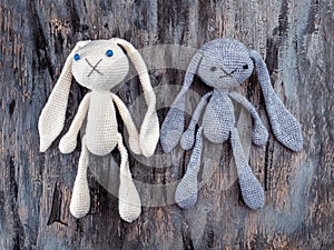 Handmade toys, amigurumi, crocheted bunnies gray and white