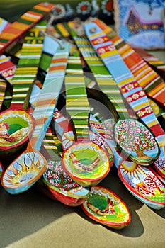 Handmade. Traditional painted colored wooden spoons, specific from Romania