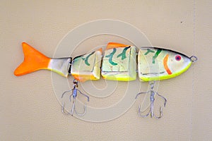 Handmade. Very large fishing lure for catching big fish. Three-piece wobbler